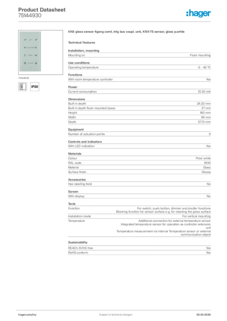 Image Hager Product data sheet 75144930  | Hager