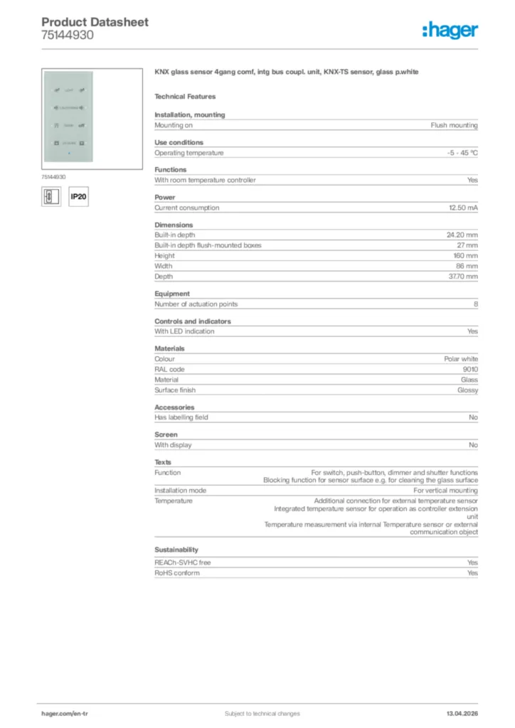 Image Hager Product data sheet 75144930  | Hager