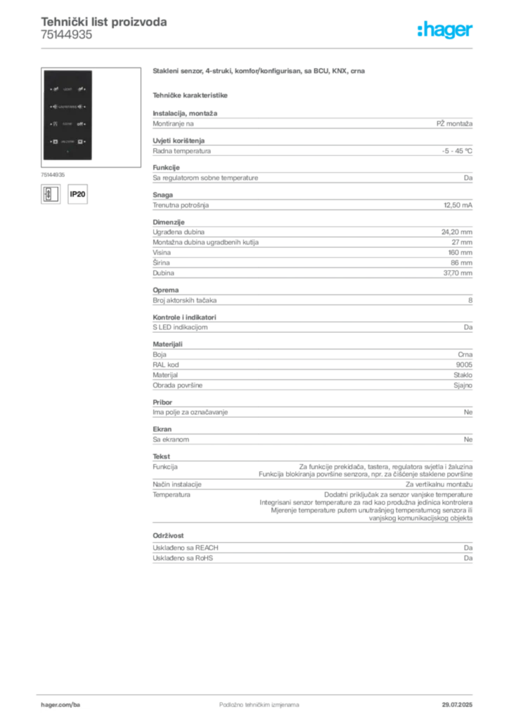 Slika Hager Product data sheet 75144935  | Hager
