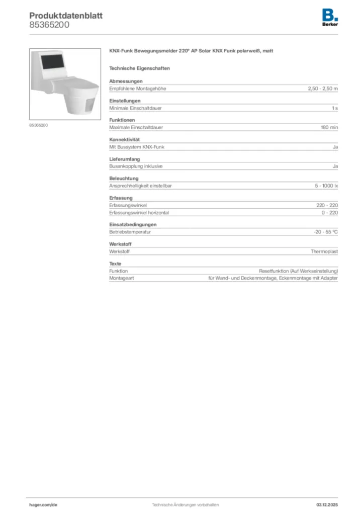 Bild Berker Produktdatenblatt 85365200 | Hager Deutschland