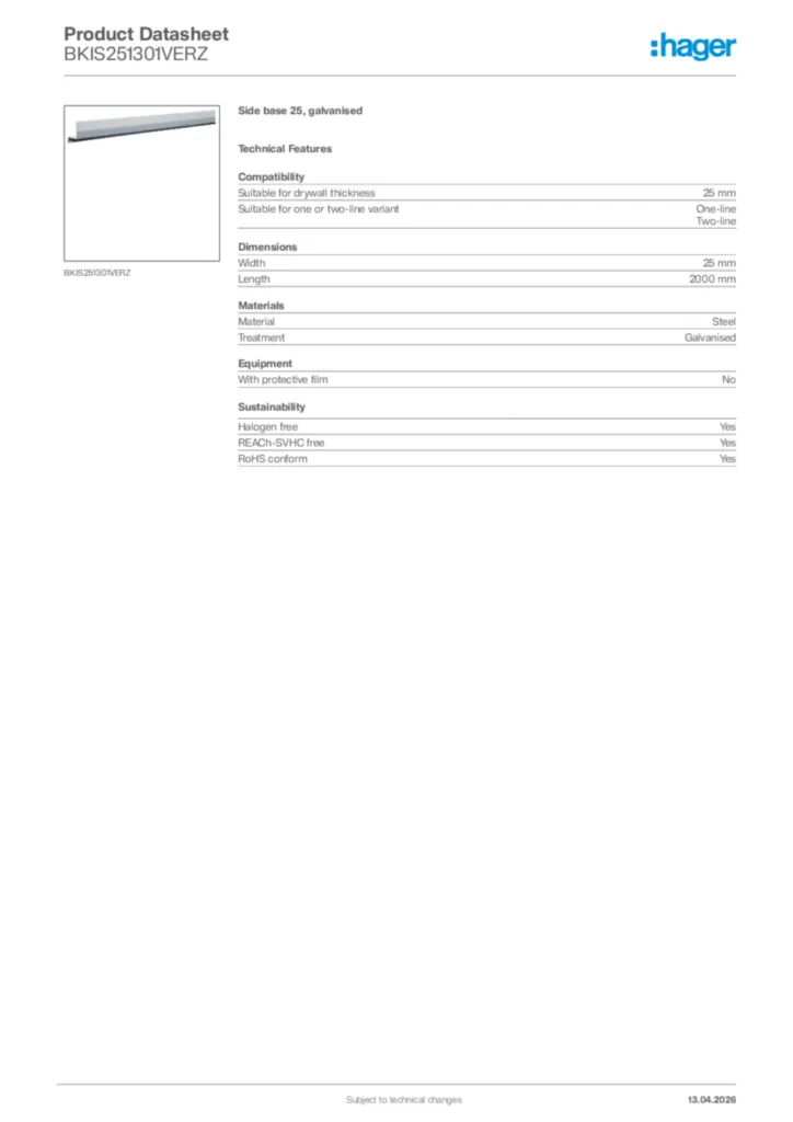 Image Hager Product data sheet BKIS251301VERZ  | Hager Africa