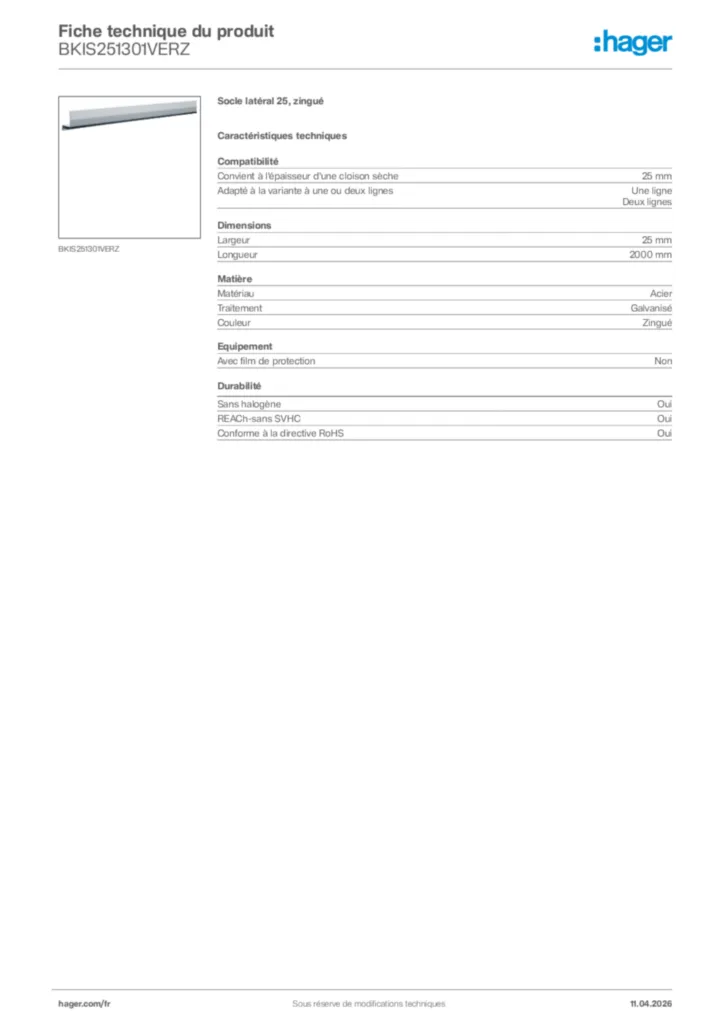 Image Hager Fiche technique du produit BKIS251301VERZ | Hager France