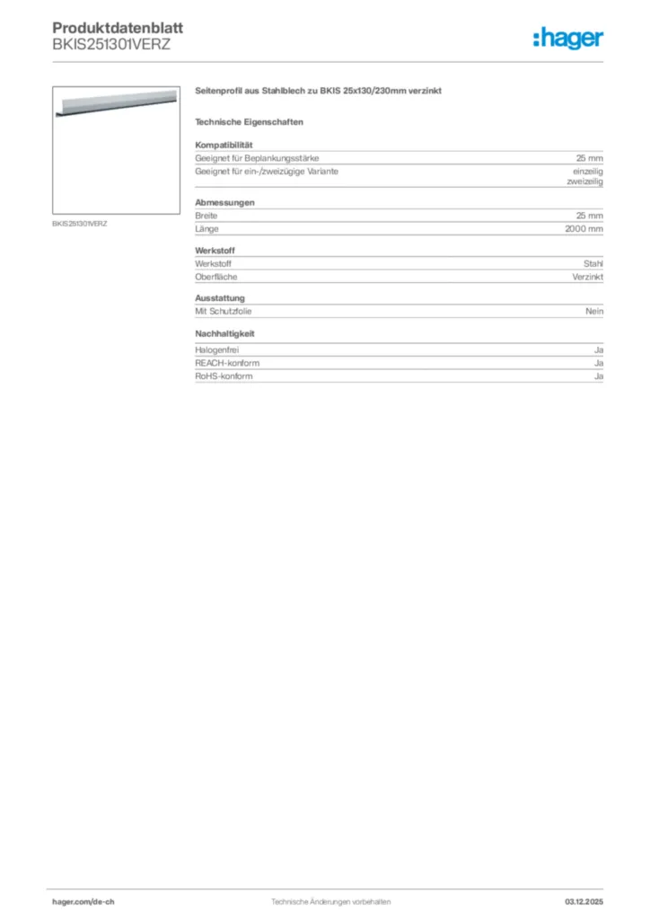 Bild Hager Produktdatenblatt BKIS251301VERZ | Hager Schweiz