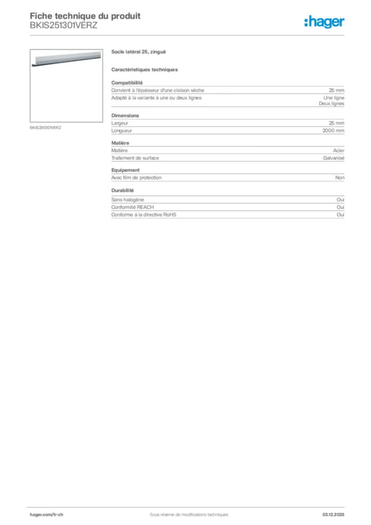 Image Hager Fiche technique du produit BKIS251301VERZ | Hager Suisse