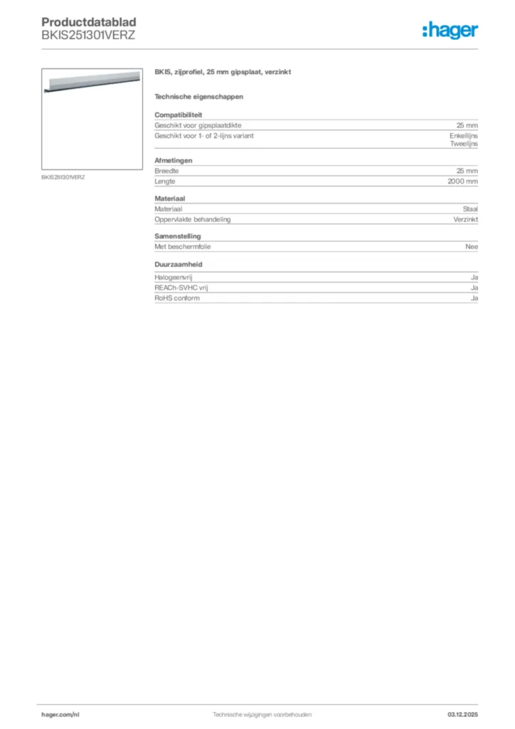 Afbeelding Hager Productdatablad BKIS251301VERZ | Hager Nederland