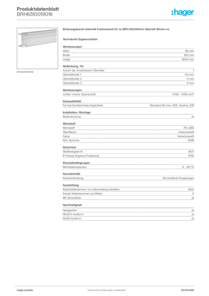 Bild Hager Produktdatenblatt BRH6510019016 | Hager Deutschland