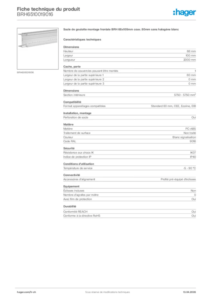 Image Hager Fiche technique du produit BRH6510019016 | Hager Suisse