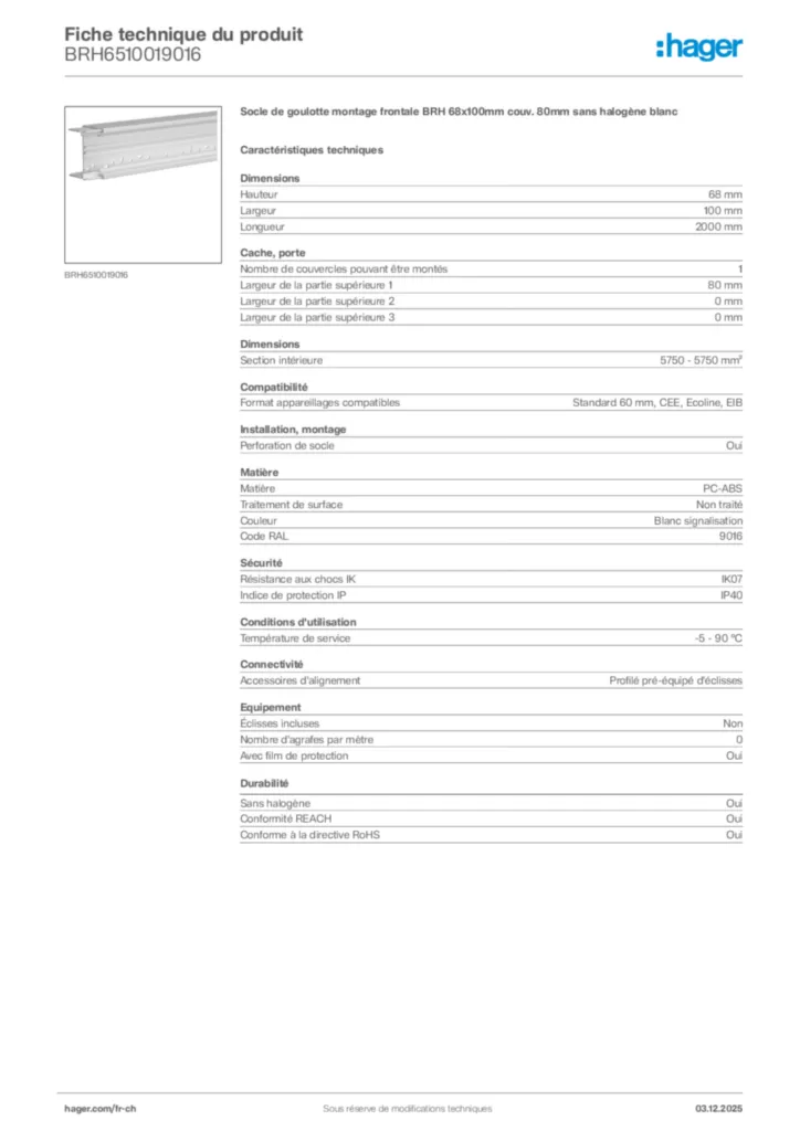 Image Hager Fiche technique du produit BRH6510019016 | Hager Suisse