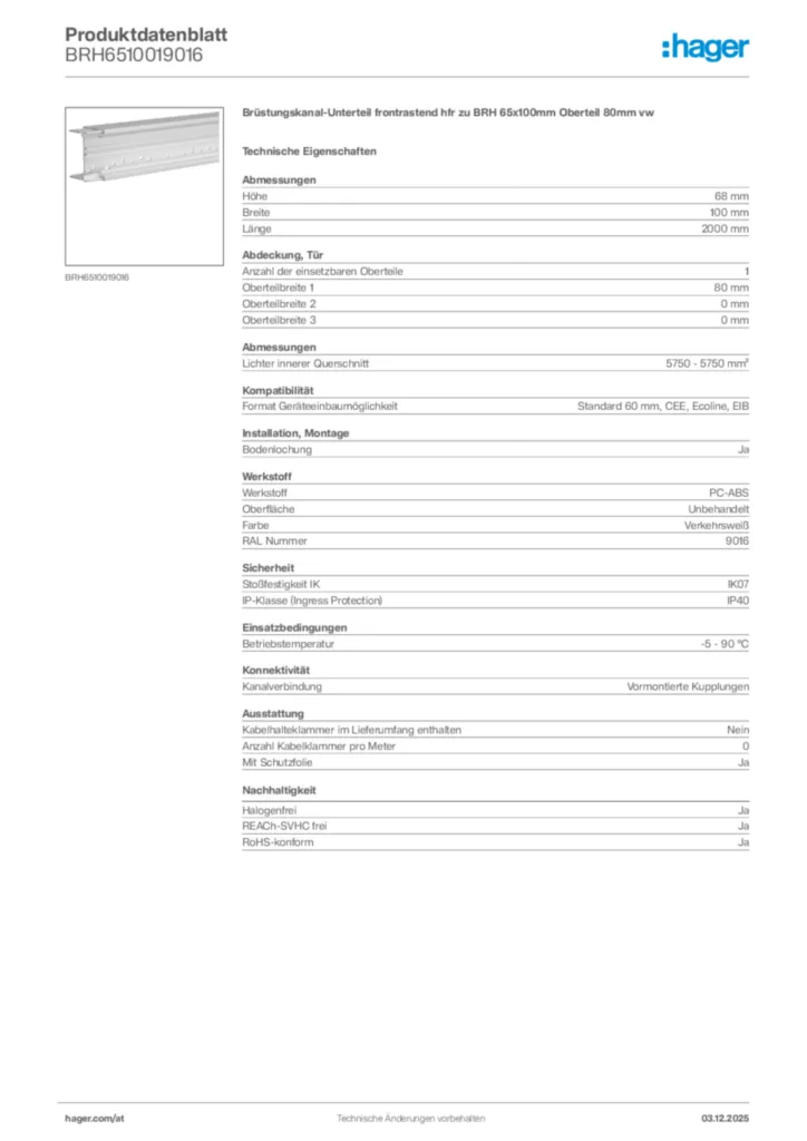 Bild Hager Produktdatenblatt BRH6510019016 | Hager Deutschland