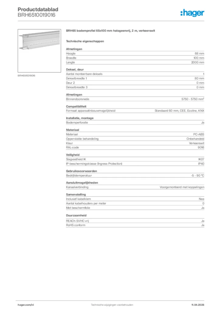 Afbeelding Hager Productdatablad BRH6510019016 | Hager Nederland