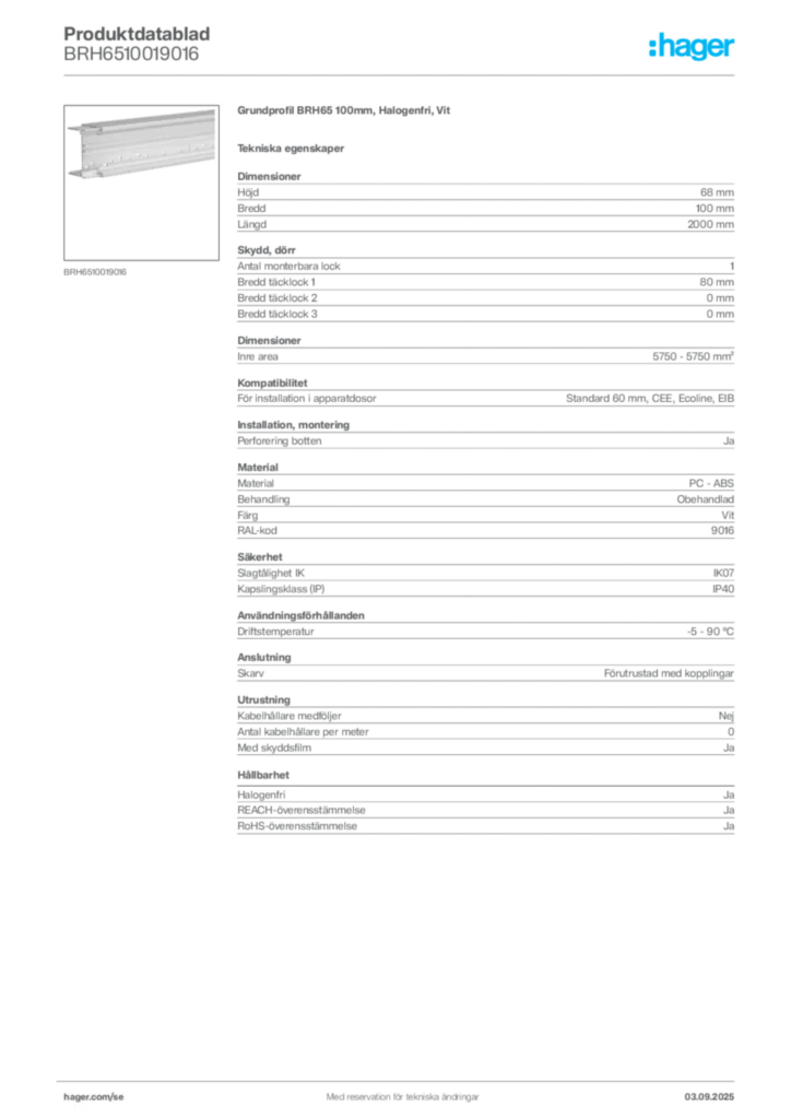 Bild Hager Produktdatablad BRH6510019016 | Hager Sverige