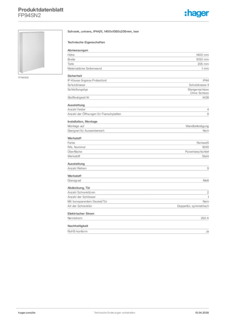 Bild Hager Produktdatenblatt FP94SN2 | Hager Deutschland