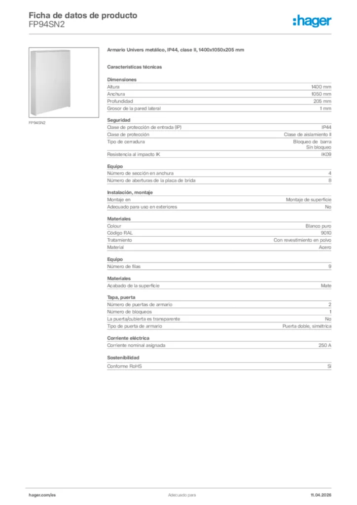 Imagen Hager Ficha de datos de producto FP94SN2 | Hager España