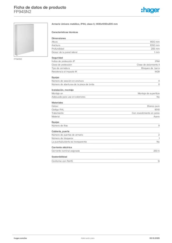 Imagen Hager Ficha de datos de producto FP94SN2 | Hager España