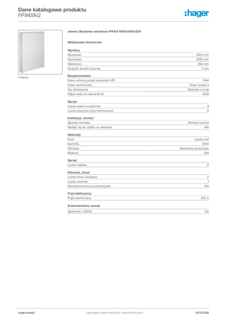 Zdjęcie Hager Karta katalogowa FP94SN2 | Hager Polska