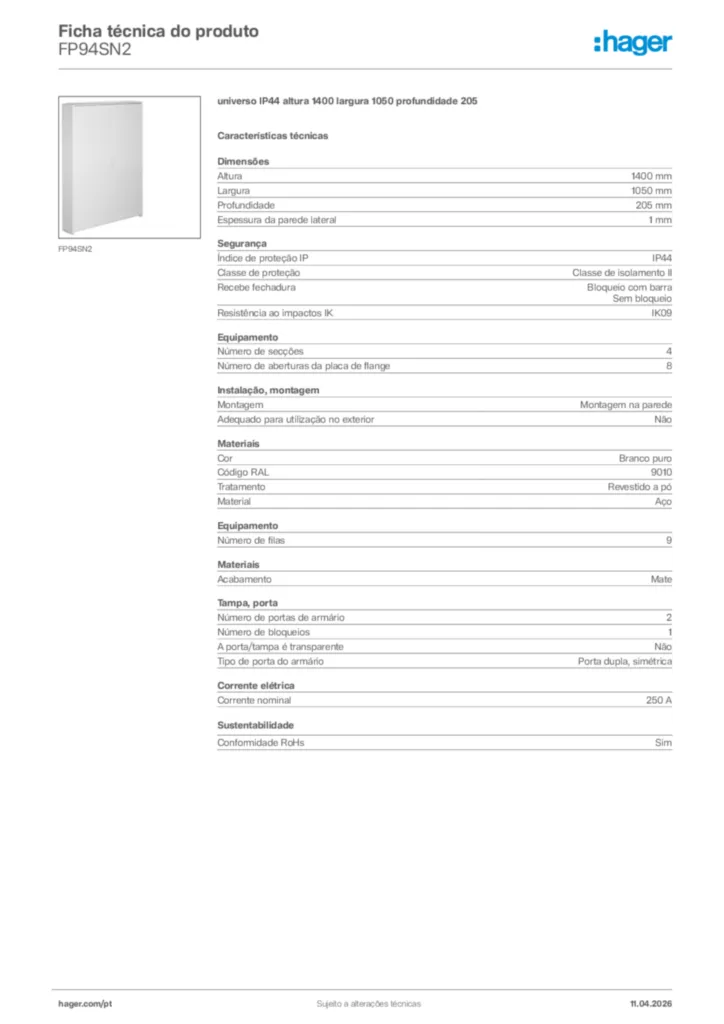Imagem Hager Ficha técnica do produto FP94SN2 | Hager Portugal