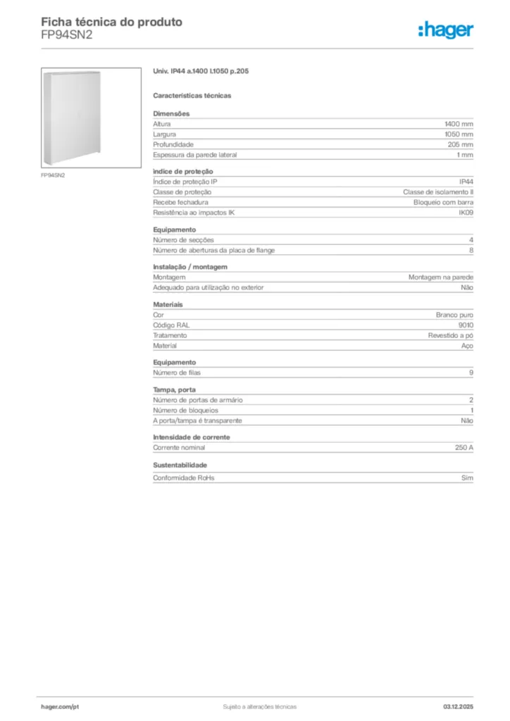 Imagem Hager Ficha técnica do produto FP94SN2 | Hager Portugal