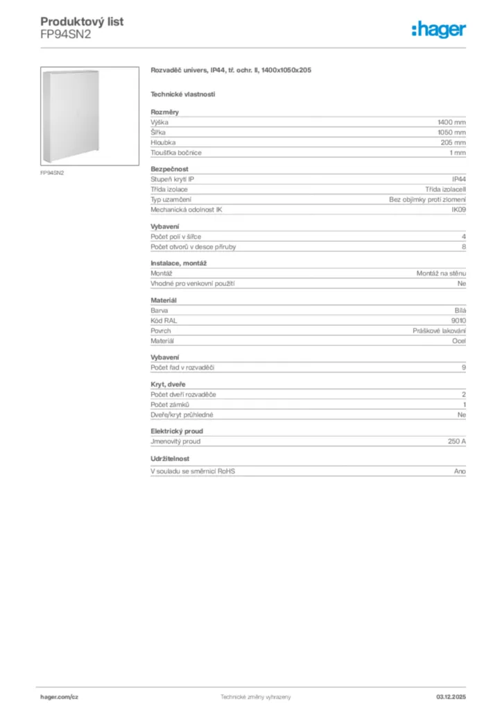 Obrázek Hager Product data sheet FP94SN2 | Hager