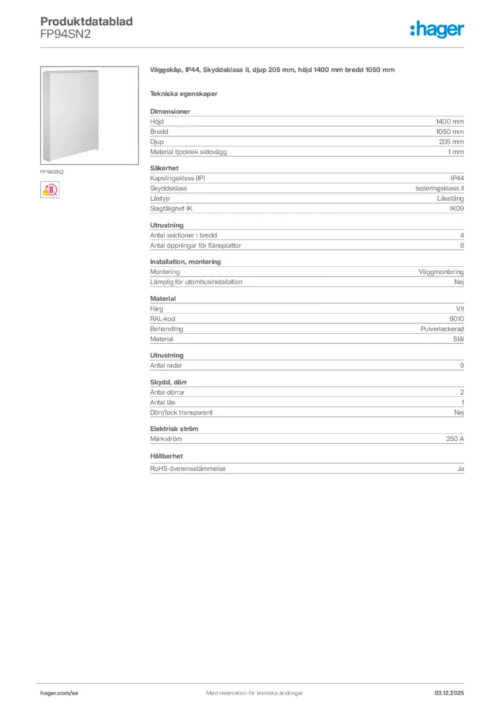 Bild Hager Produktdatablad FP94SN2 | Hager Sverige