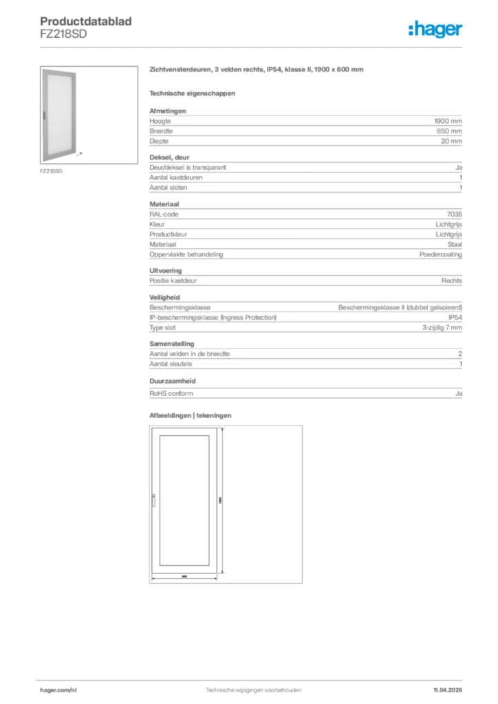 Afbeelding Hager Productdatablad FZ218SD | Hager Nederland