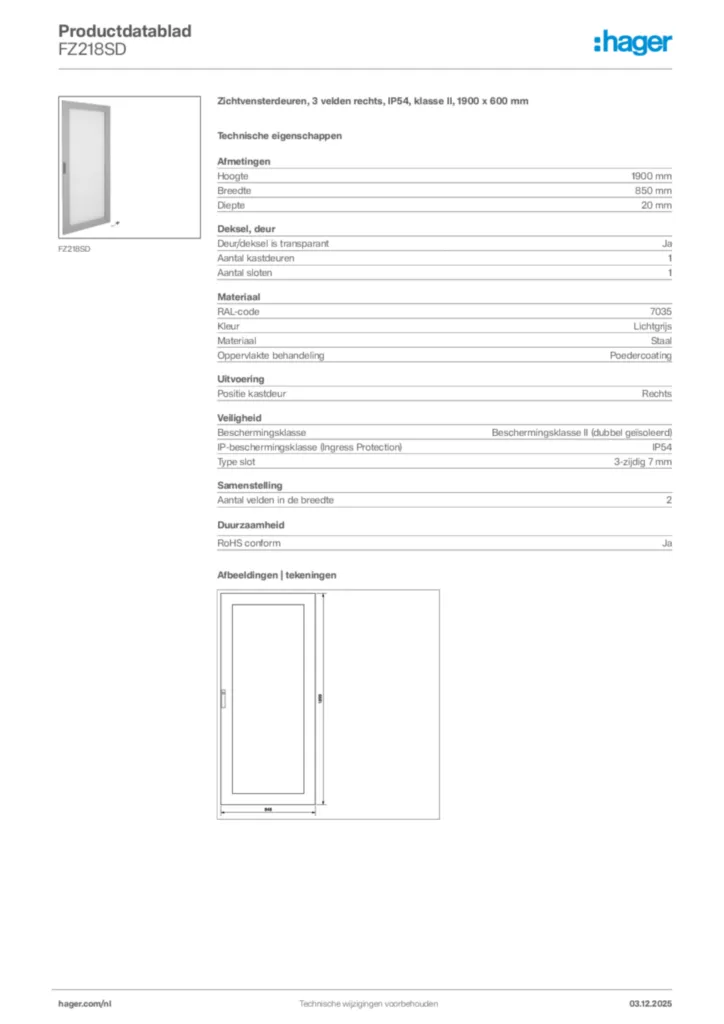 Afbeelding Hager Productdatablad FZ218SD | Hager Nederland