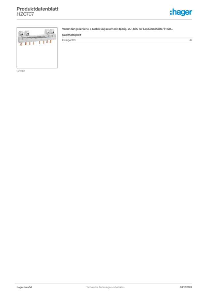 Bild Hager Produktdatenblatt HZC707 | Hager Deutschland