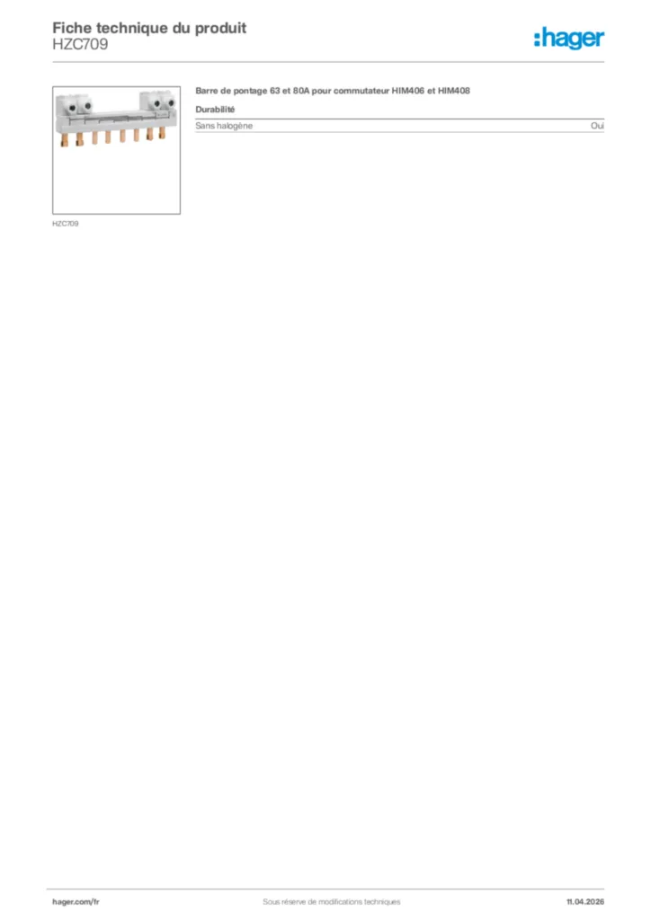 Image Hager Fiche technique du produit HZC709 | Hager France