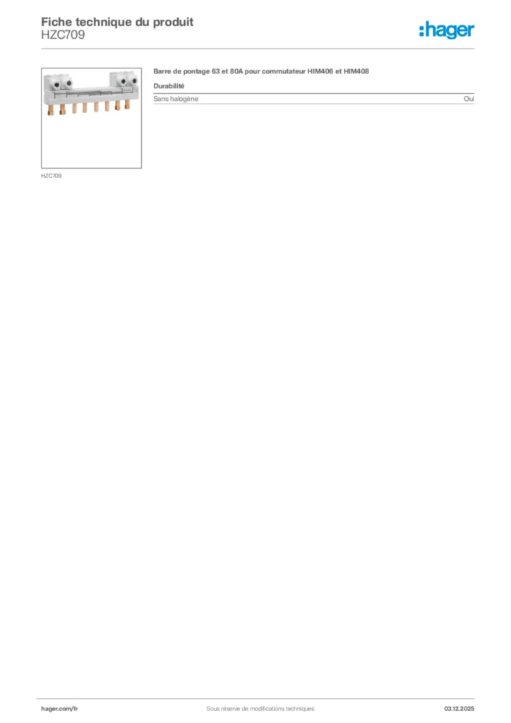 Image Hager Fiche technique du produit HZC709 | Hager France