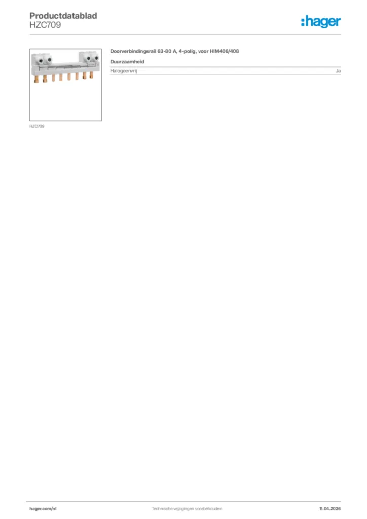 Afbeelding Hager Productdatablad HZC709 | Hager Nederland