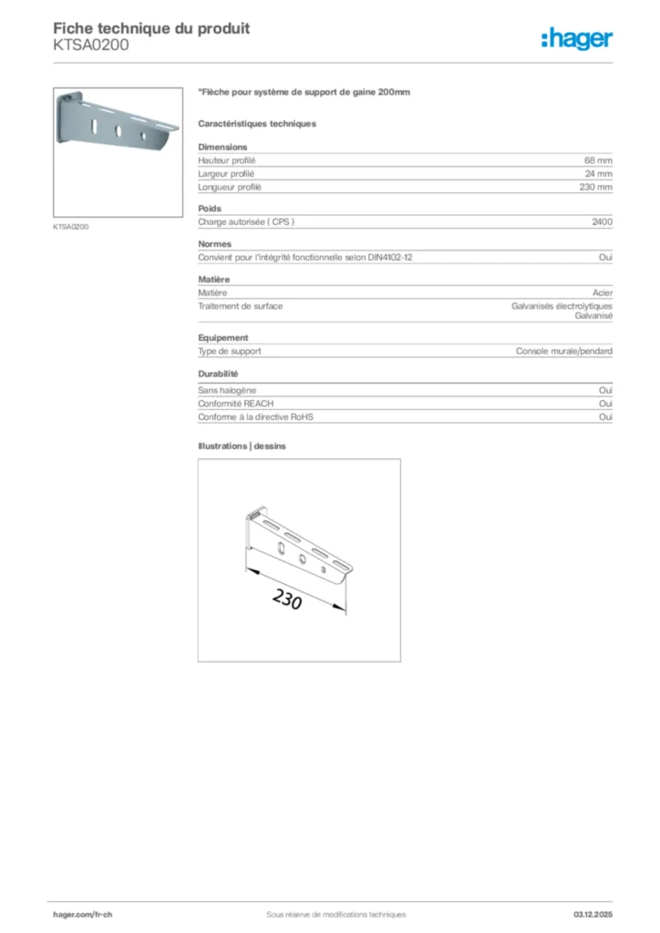 Image Hager Fiche technique du produit KTSA0200 | Hager Suisse