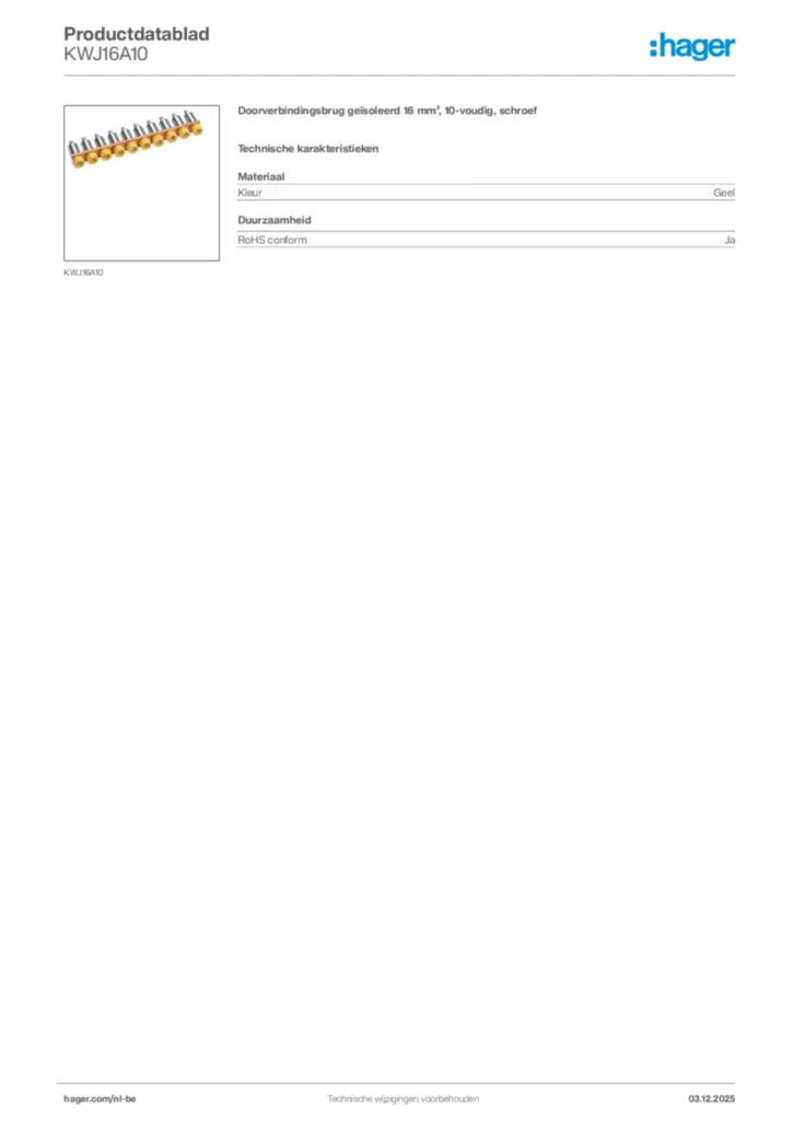 Afbeelding Hager Productdatablad KWJ16A10 | Hager Belgium