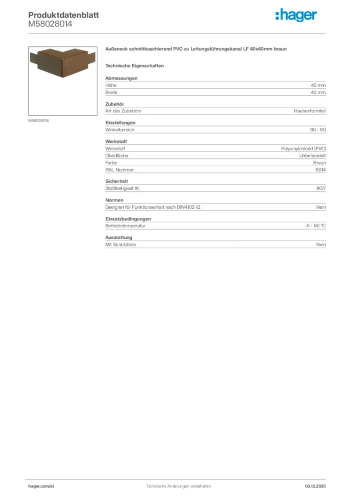 Bild Hager Produktdatenblatt M58028014 | Hager Deutschland