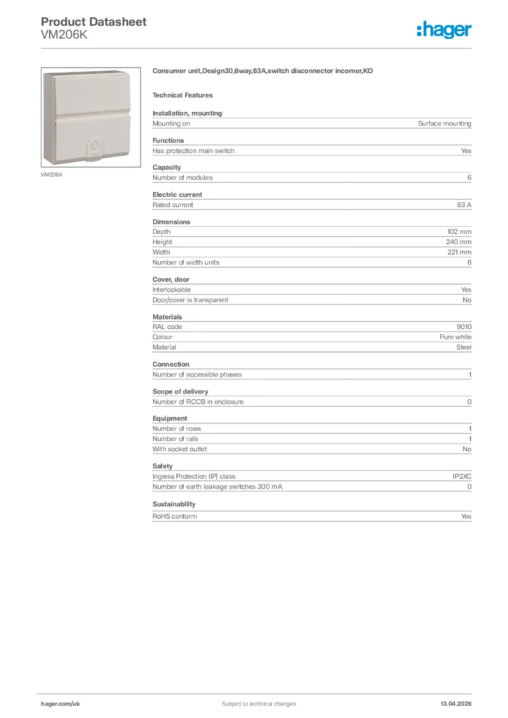 Image Hager Product data sheet VM206K  | Hager