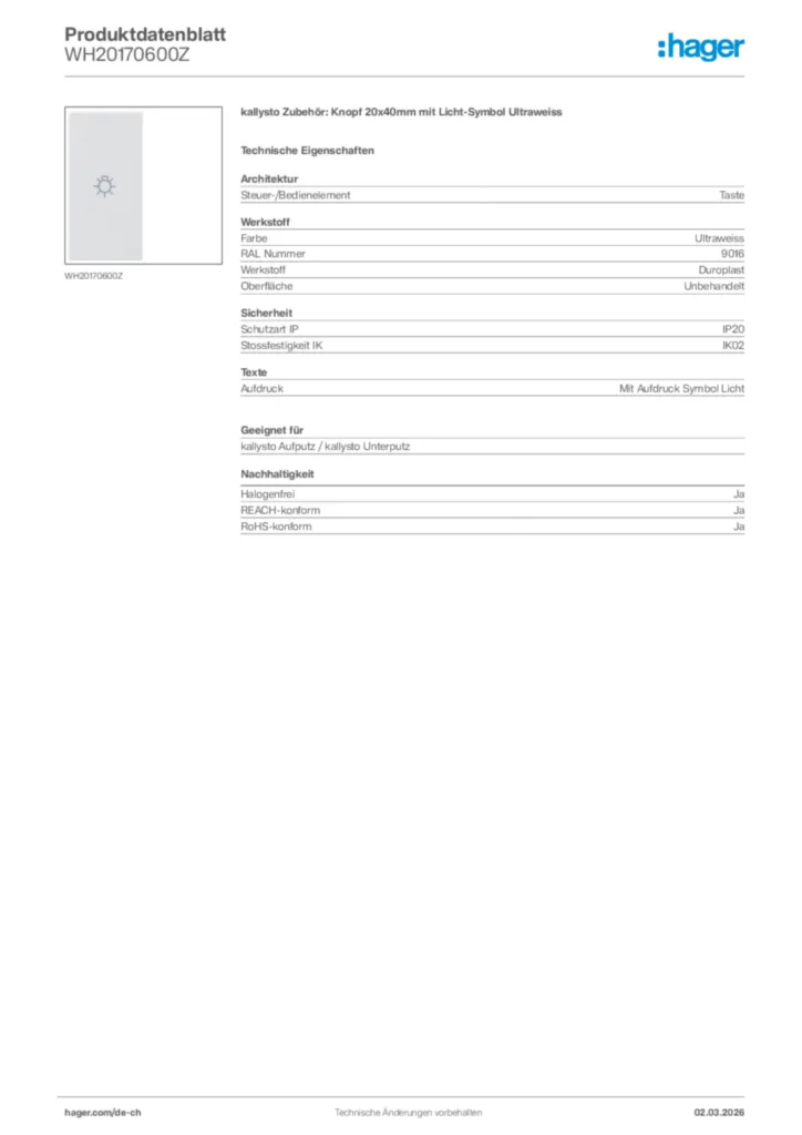 Bild Hager Produktdatenblatt WH20170600Z | Hager Schweiz