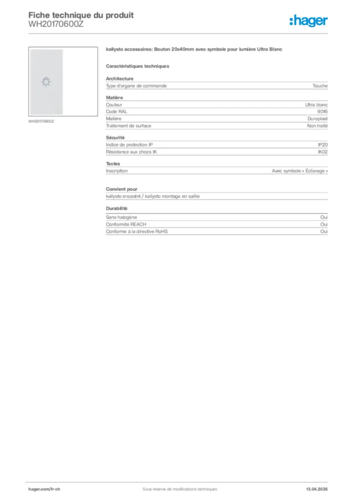 Image Hager Fiche technique du produit WH20170600Z | Hager Suisse