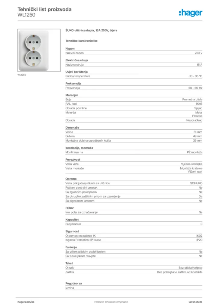 Slika Hager Tehnički list proizvoda WL1250  | Hager