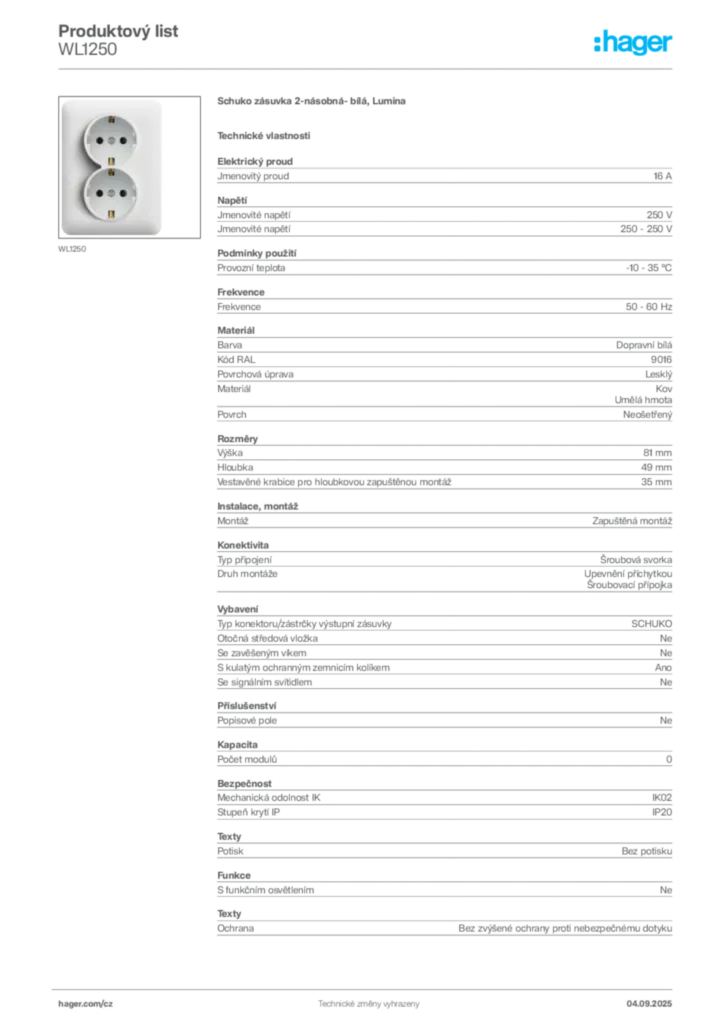 Obrázek Hager Product data sheet WL1250 | Hager