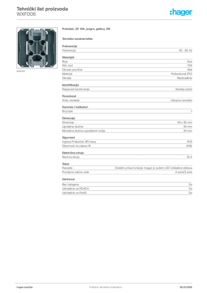 Slika Hager Product data sheet WXF008  | Hager
