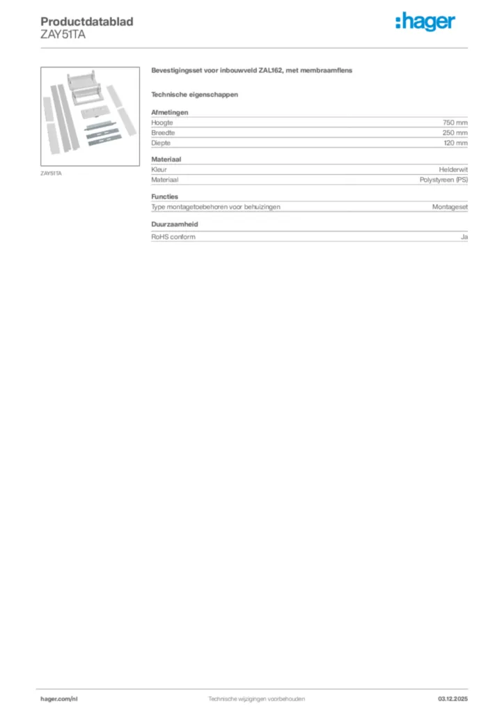 Afbeelding Hager Productdatablad ZAY51TA | Hager Nederland
