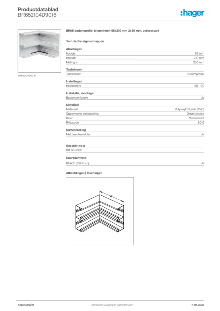 Afbeelding Hager Productdatablad BR652104D9016 | Hager Nederland