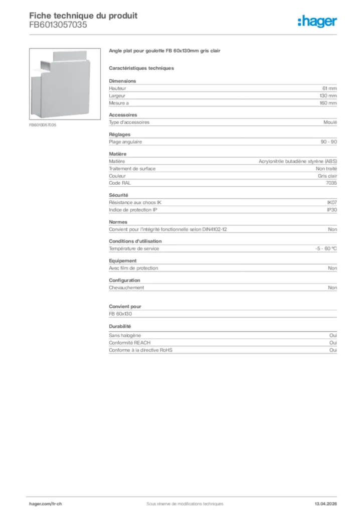Image Hager Fiche technique du produit FB6013057035 | Hager Suisse