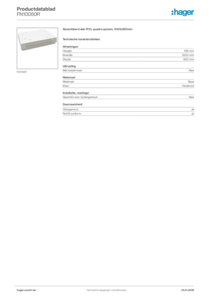 Afbeelding Hager Productdatablad FN10080R | Hager Belgium