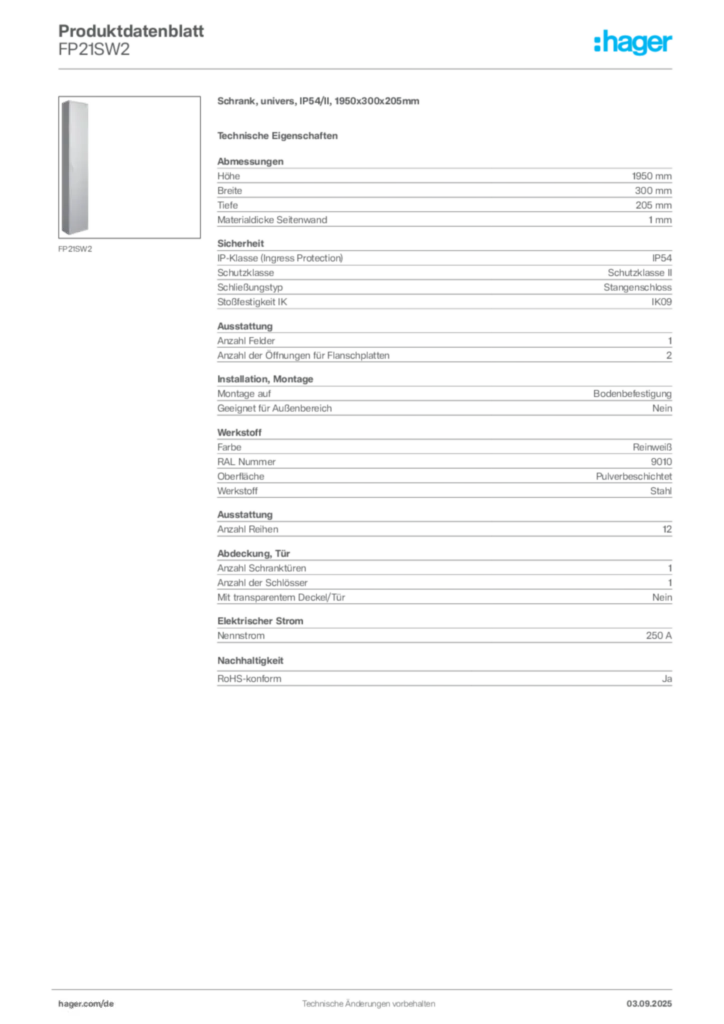 Bild Hager Produktdatenblatt FP21SW2 | Hager Deutschland