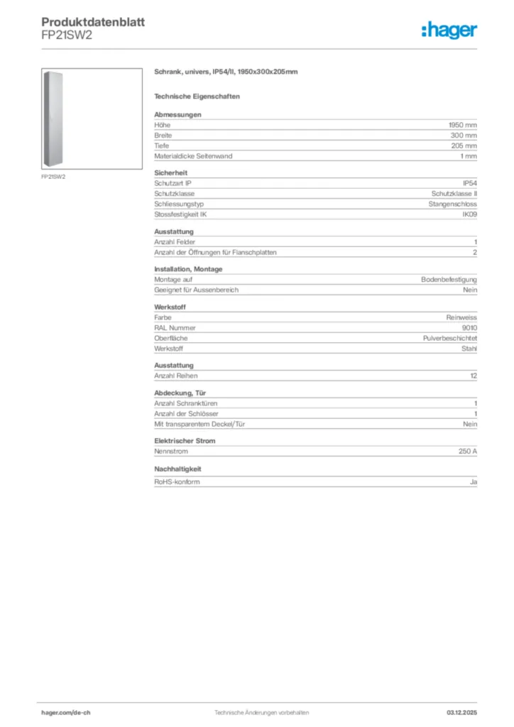 Bild Hager Produktdatenblatt FP21SW2 | Hager Schweiz