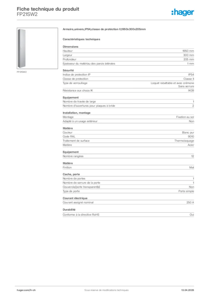 Image Hager Fiche technique du produit FP21SW2 | Hager Suisse