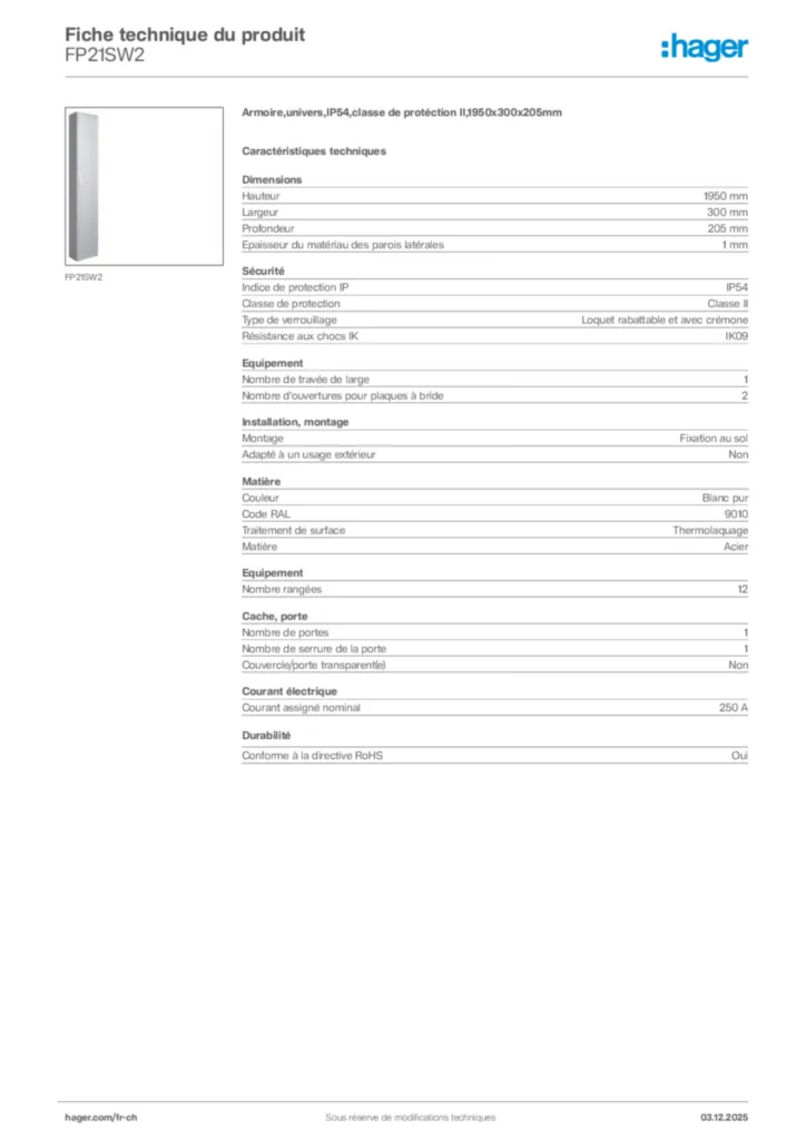 Image Hager Fiche technique du produit FP21SW2 | Hager Suisse