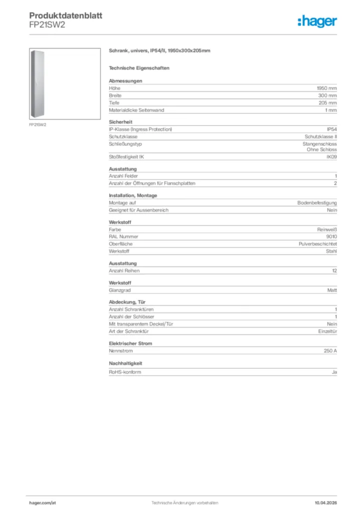 Bild Hager Produktdatenblatt FP21SW2 | Hager Deutschland