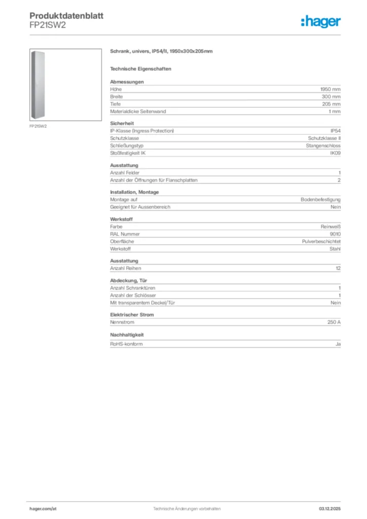 Bild Hager Produktdatenblatt FP21SW2 | Hager Deutschland