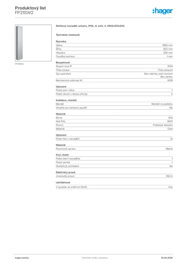 Obrázek Hager Product data sheet FP21SW2 | Hager