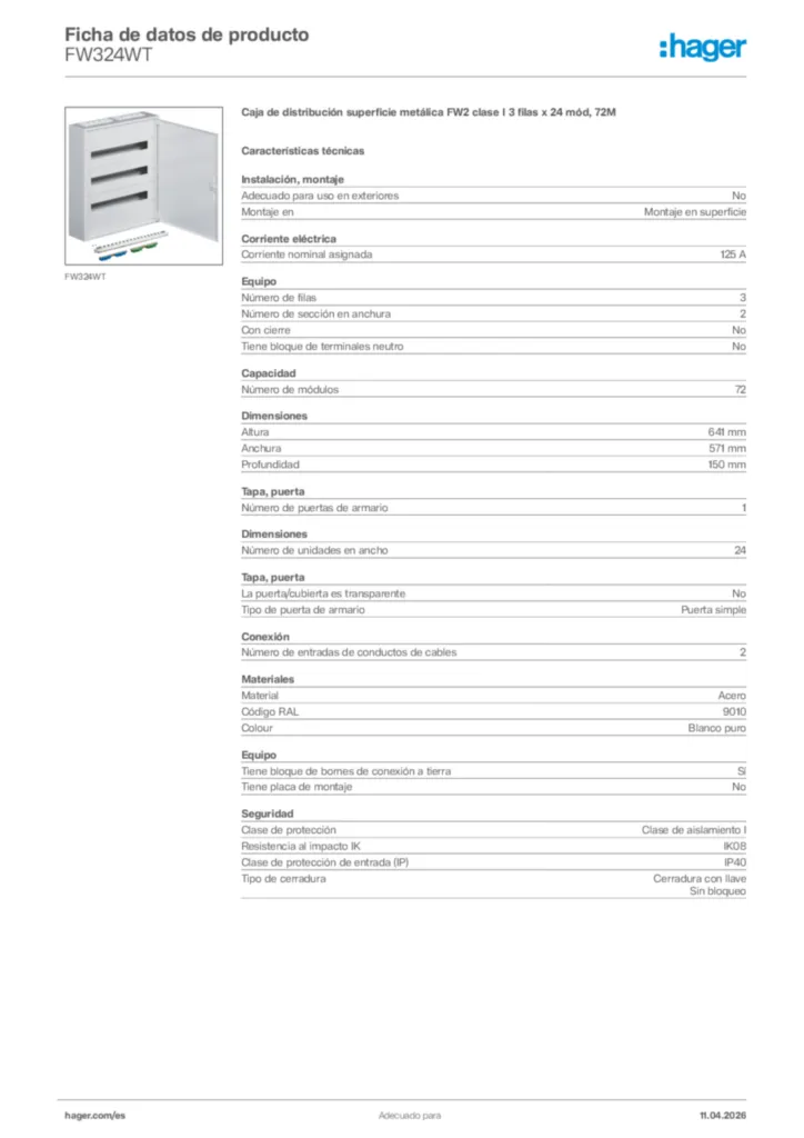 Imagen Hager Ficha de datos de producto FW324WT | Hager España